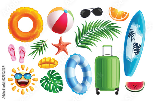 Summer elements clipart set. Summer beach elements collection for outdoor adventure trip like luggage bag, surfboard, inflatable ring and tropical objects clip art vector illustration.
