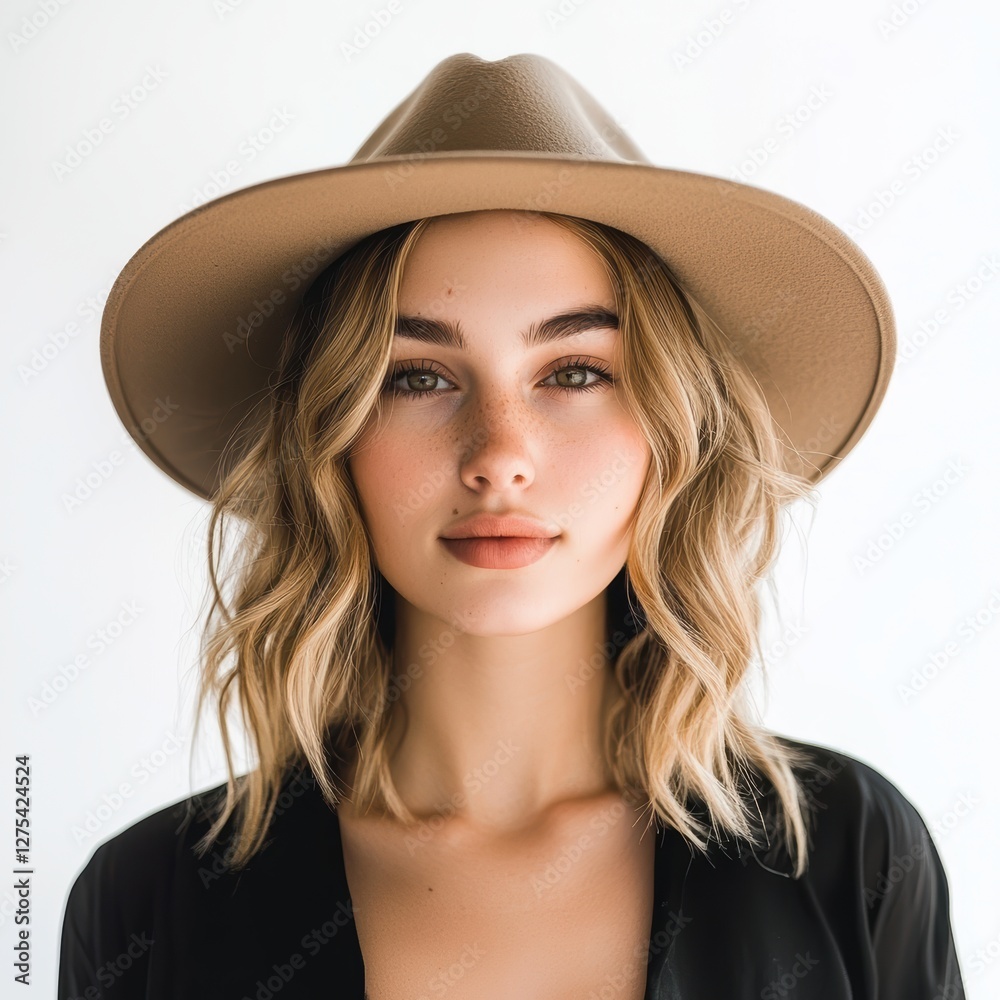 Fashionable young woman in a hat posing confidently, stylish and trendy, isolated on white Fashionable young woman in a hat posing confidently, stylish and trendy, isolated on white
