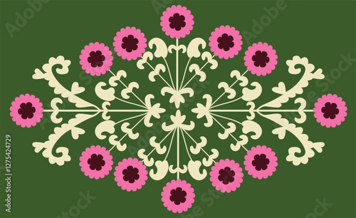 This carpet features traditional Uzbek Turkic patterns, with vibrant colors and intricate geometric and floral motifs, reflecting the rich cultural heritage and craftsmanship of Uzbekistan.