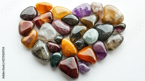 Crystal Heart: A stunning love heart crafted from tumbled precious healing stones, presented on a white backdrop.  photo