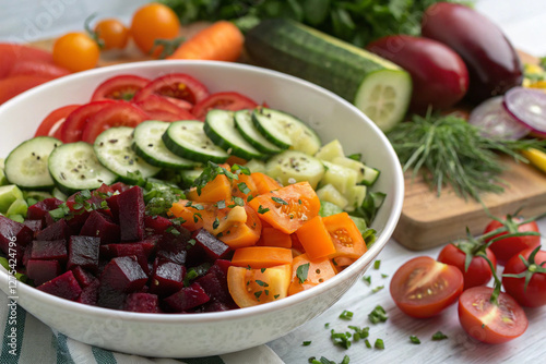 Wallpaper Mural Fresh Vegetable Delight: A vibrant and colorful salad bursting with fresh vegetables, artfully arranged in a bowl and surrounded by ingredients, showcasing the beauty of healthy eating. Torontodigital.ca