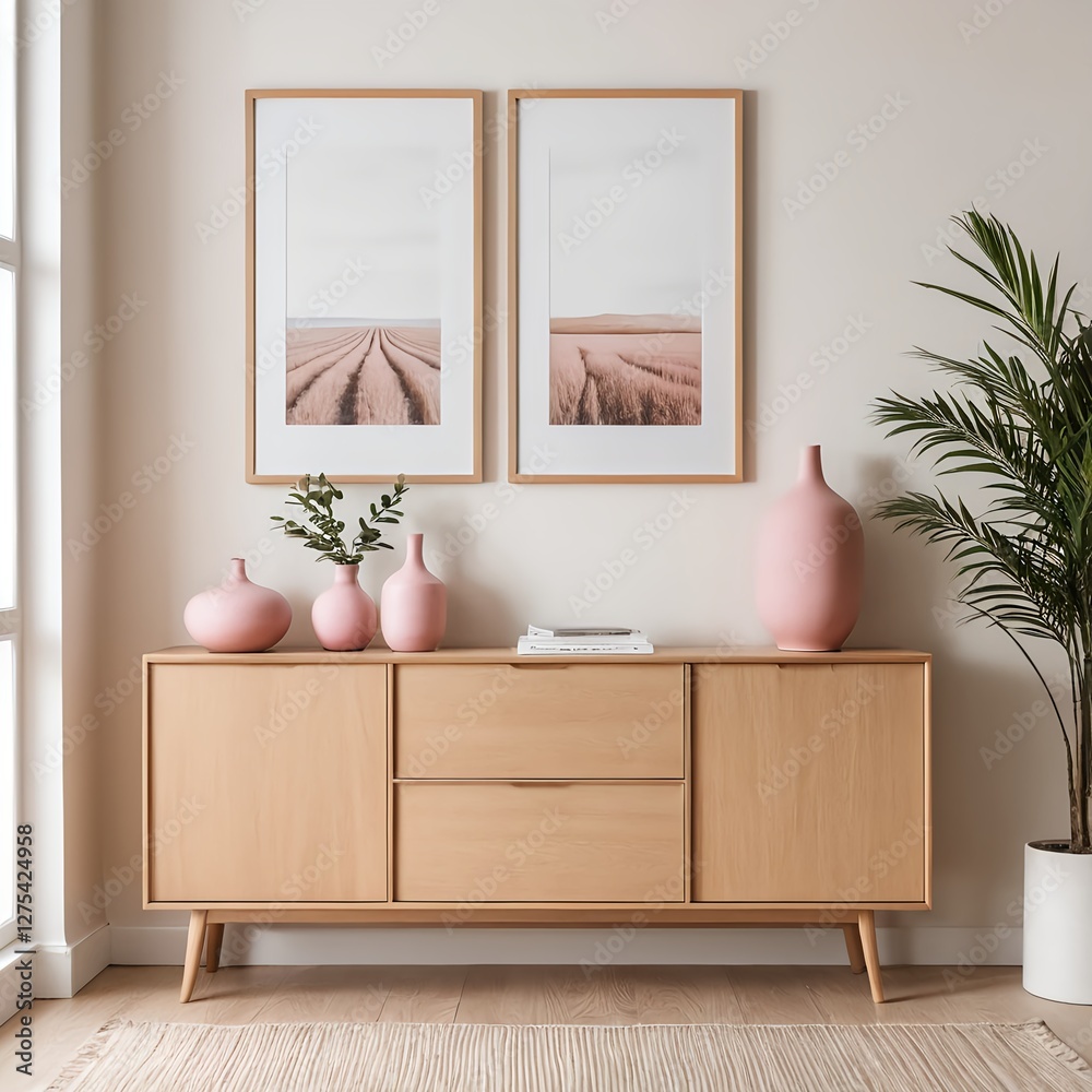 Fototapeta premium Modern Light Wood Sideboard with Pink Vases and Artwork