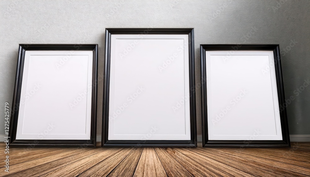 Striking Black Frame Mockup Showcasing Poster Canvas Against a Rustic Wooden Floor in a 3D Rendering, Presenting an Artistic and Minimalist Scene with Elegant Simplicity. Striking Black Frame Mockup Showcasing Poster Canvas Against a Rustic Wooden Floor in a 3D Rendering, Presenting an Artistic and Minimalist Scene with Elegant Simplicity.