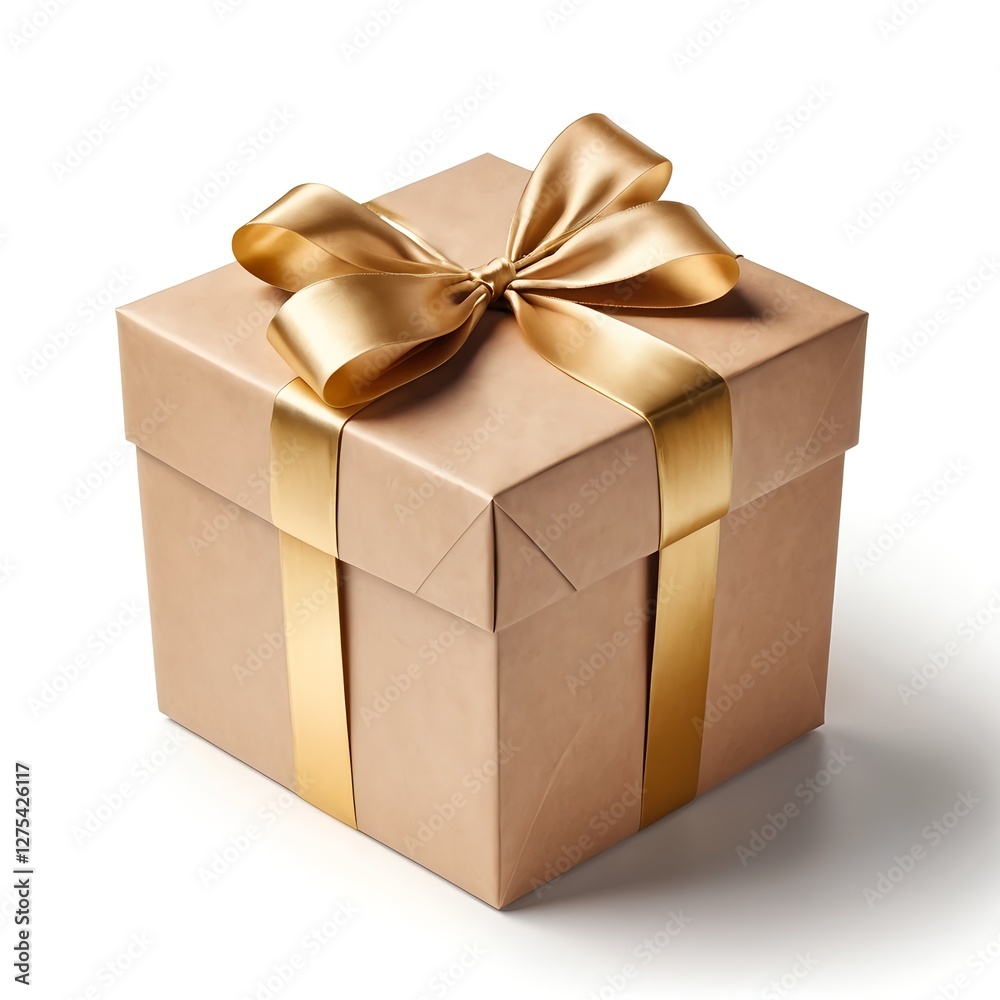 Obraz premium Beige Gift Box with Gold Ribbon