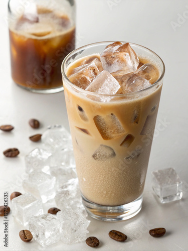 Iced Coffee Refreshment: A refreshing glass of iced coffee sits, showcasing the perfect balance of rich coffee and cool ice. A delightful image of a cold brew. 