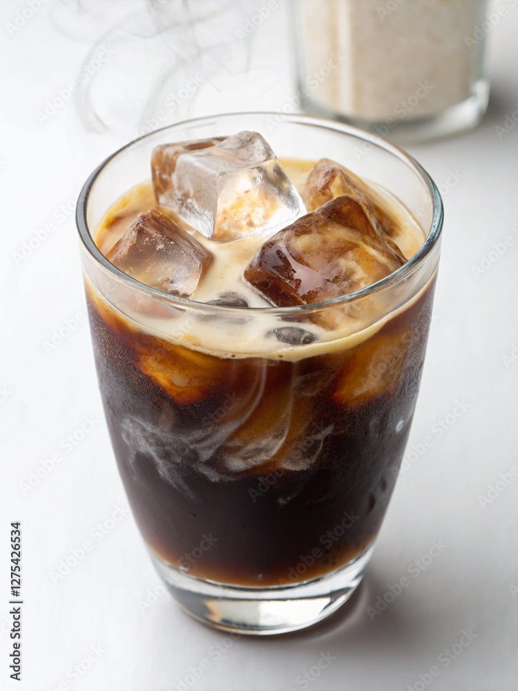 Iced Coffee Delight: A captivating shot of a refreshing iced coffee drink, ice cubes cooling the dark brew as cream swirls in, promising a delightful sensory experience. Iced Coffee Delight: A captivating shot of a refreshing iced coffee drink, ice cubes cooling the dark brew as cream swirls in, promising a delightful sensory experience.