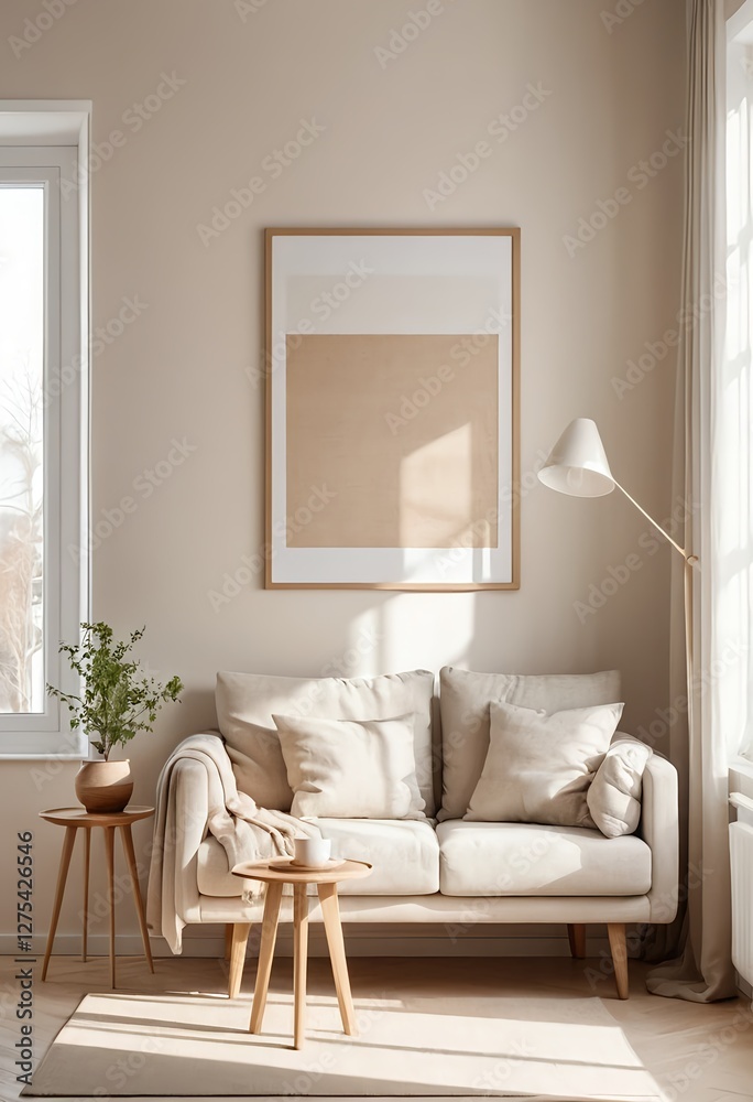 Fototapeta premium Cozy Beige Living Room Interior with Natural Light