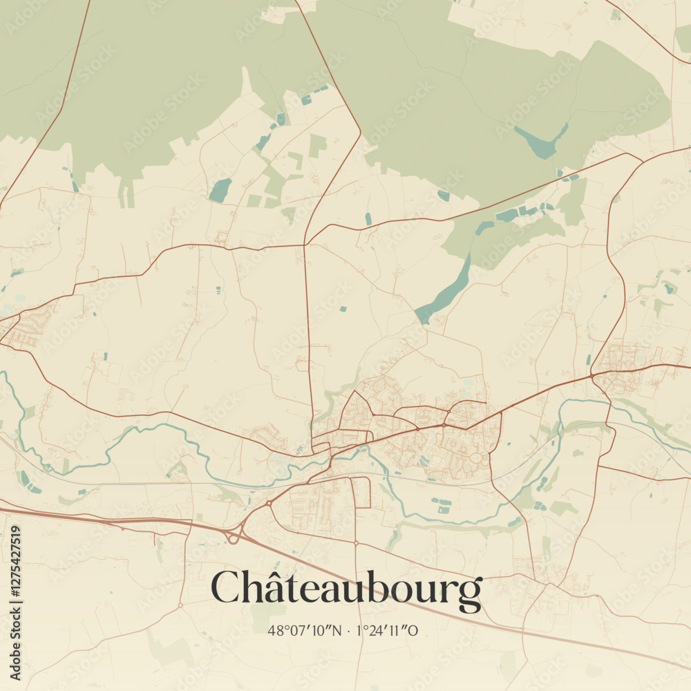 Fototapeta premium Vintage map of Châteaubourg, France.