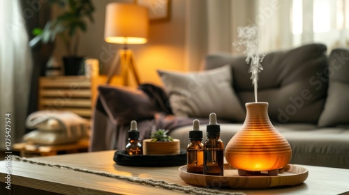 Modern essential oil diffuser filling a cozy living room with warm light and soothing aromas photo