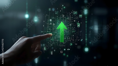 Digital grid background with a bright green arrow curving upwards representing strategic business progress and innovation  A finger is touching the surface of the arrow symbolizing guidance growth