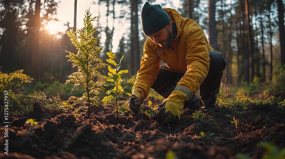 Volunteer planting trees in a reforestation effort, sunlit forest, hopeful atmosphere Volunteer planting trees in a reforestation effort, sunlit forest, hopeful atmosphere