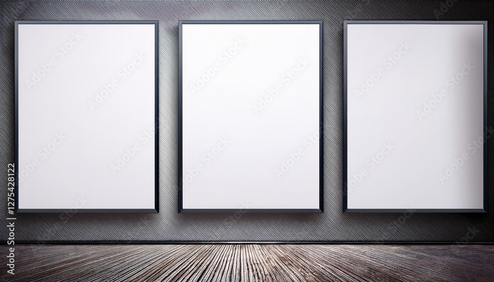 Three Empty Posters on a Wall in a Minimalist Modern Space, Creating an Ethereal and Introspective Atmosphere with Neutral Colors and Clean Lines. Three Empty Posters on a Wall in a Minimalist Modern Space, Creating an Ethereal and Introspective Atmosphere with Neutral Colors and Clean Lines.