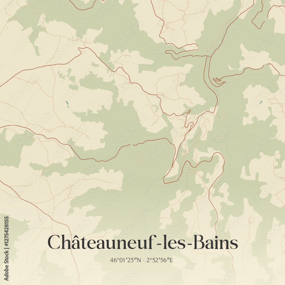 Fototapeta premium Vintage map of Châteauneuf-les-Bains, France.