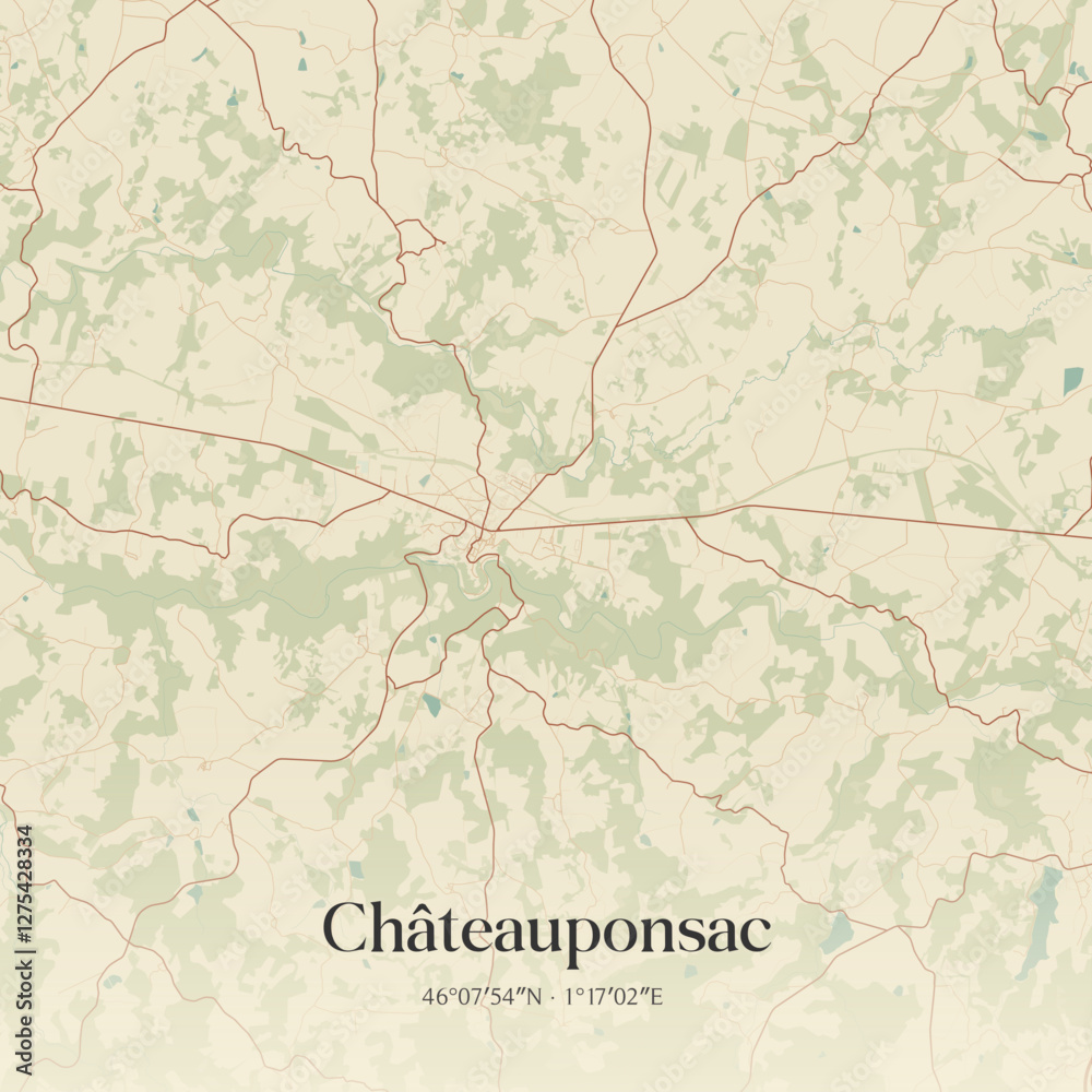 Fototapeta premium Vintage map of Châteauponsac, France.