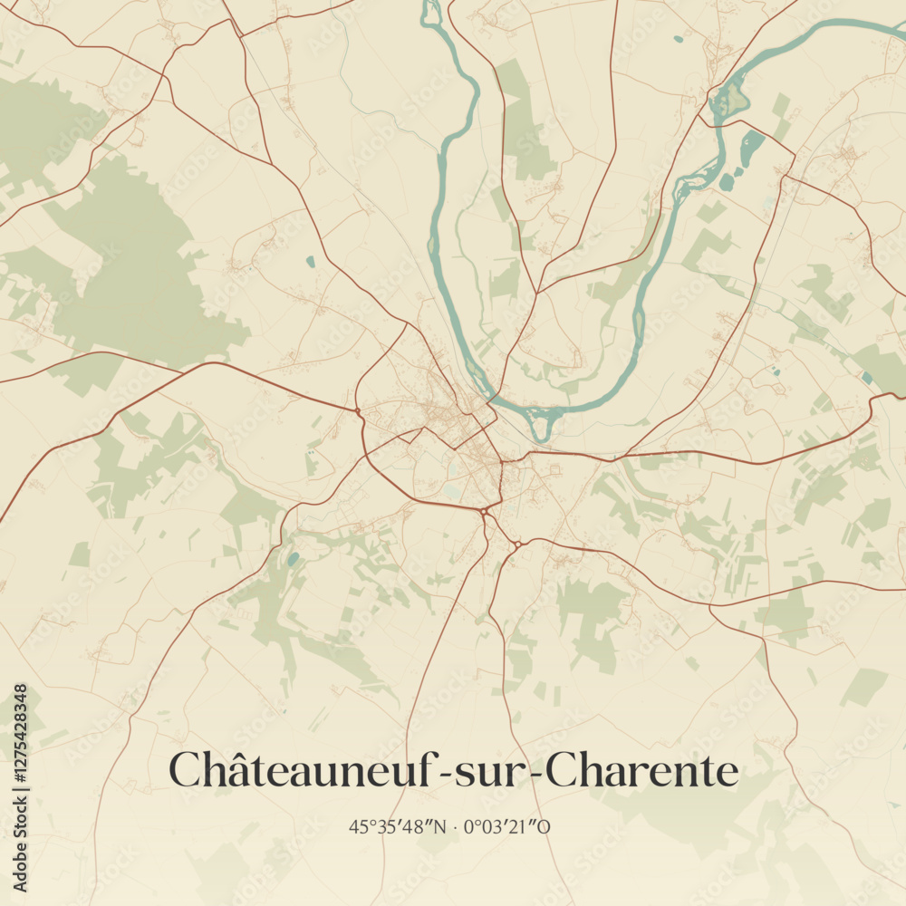 Fototapeta premium Vintage map of Châteauneuf-sur-Charente, France.
