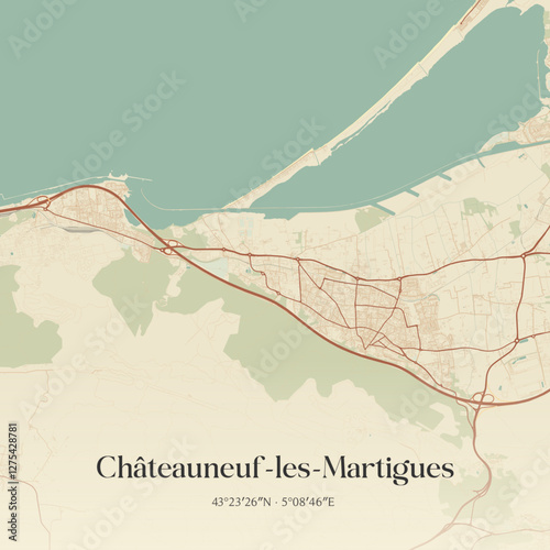 Vintage map of Châteauneuf-les-Martigues, France.