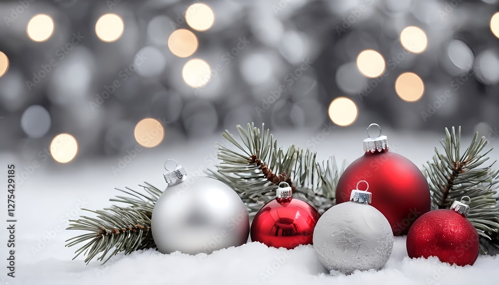 Red and Silver Christmas Ornaments in Snow Red and Silver Christmas Ornaments in Snow