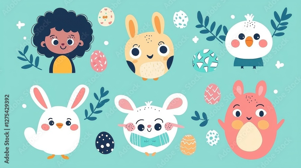 A collection of Easter bunny, chicken, and mouse illustrations. A collection of Easter bunny, chicken, and mouse illustrations.