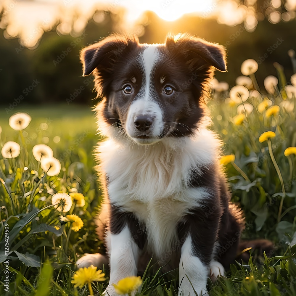 Fototapeta premium Adorable Border Collie Puppy in Dandelion Field at Sunset