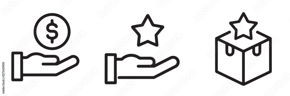hands, money, thumbs up, gift box, simple graphic design, minimalist illustrations, financial concepts, customer satisfaction, rewards program, flat vector icons, Icon set, black and white symbols, hands, money, thumbs up, gift box, simple graphic design, minimalist illustrations, financial concepts, customer satisfaction, rewards program, flat vector icons, Icon set, black and white symbols,