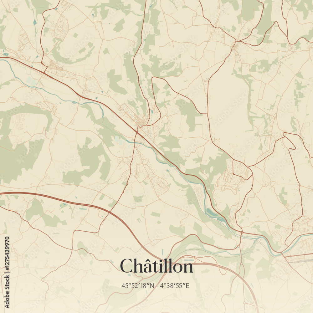 Fototapeta premium Vintage map of Châtillon, France.