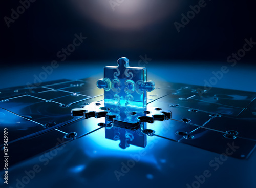 Glowing puzzle piece stands upright on a dark blue surface with circuit patterns, symbolizing technological connection and solution.