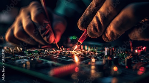 Close-up of Hands Carefully Soldering a Circuit Board