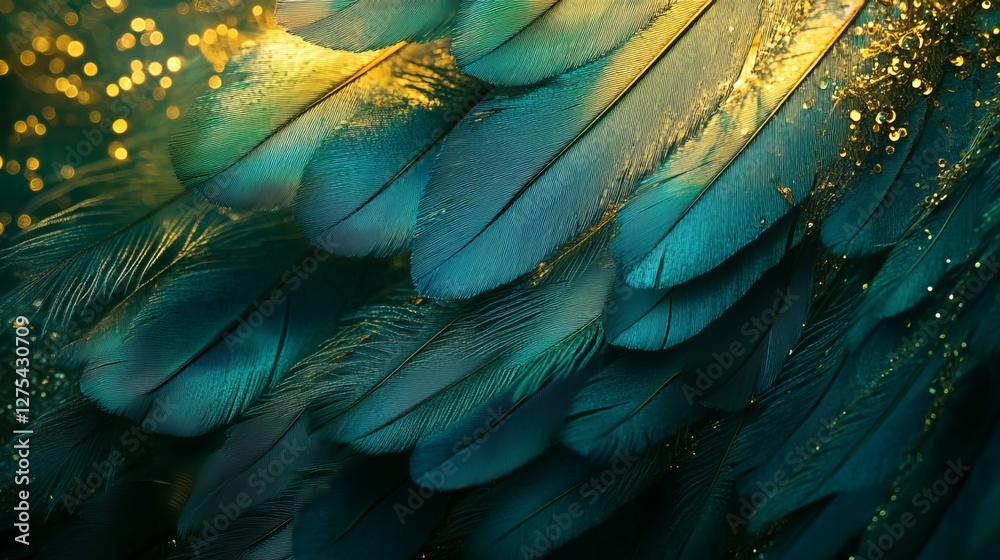 Obraz premium Ethereal green feathers dance on a canvas of midnight, like a vibrant dream. Azure plumes shimmer against a golden backdrop, a symphony of colors. Emerald hues cascade over lush greenery