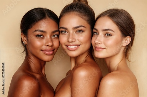 diversity of race and skin tones. three models posing in close-up.