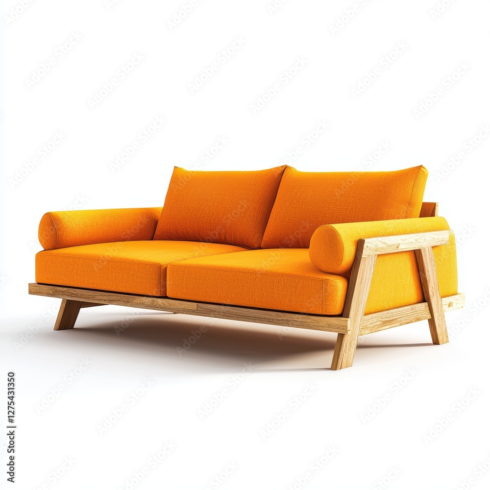 Fototapeta premium Neon orange two-seater couch with minimalist wooden legs isolated on white