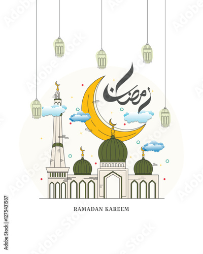 Hand-drawn Ramadan mosque with crescent and hanging lanterns. The Arabic calligraphy reads 'Ramadan'.