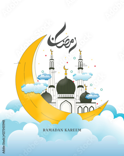 Ramadan Kareem greeting with crescent moon and mosque. The Arabic calligraphy reads 'Ramadan'. 