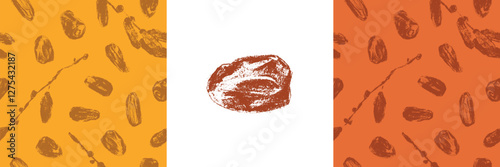 Organic dates pattern seamless. Vector color hand drawn charcoal drawings for dried date label, nutrition packaging design, natural dates syrup. Dried fruits ornament - date sugar banner