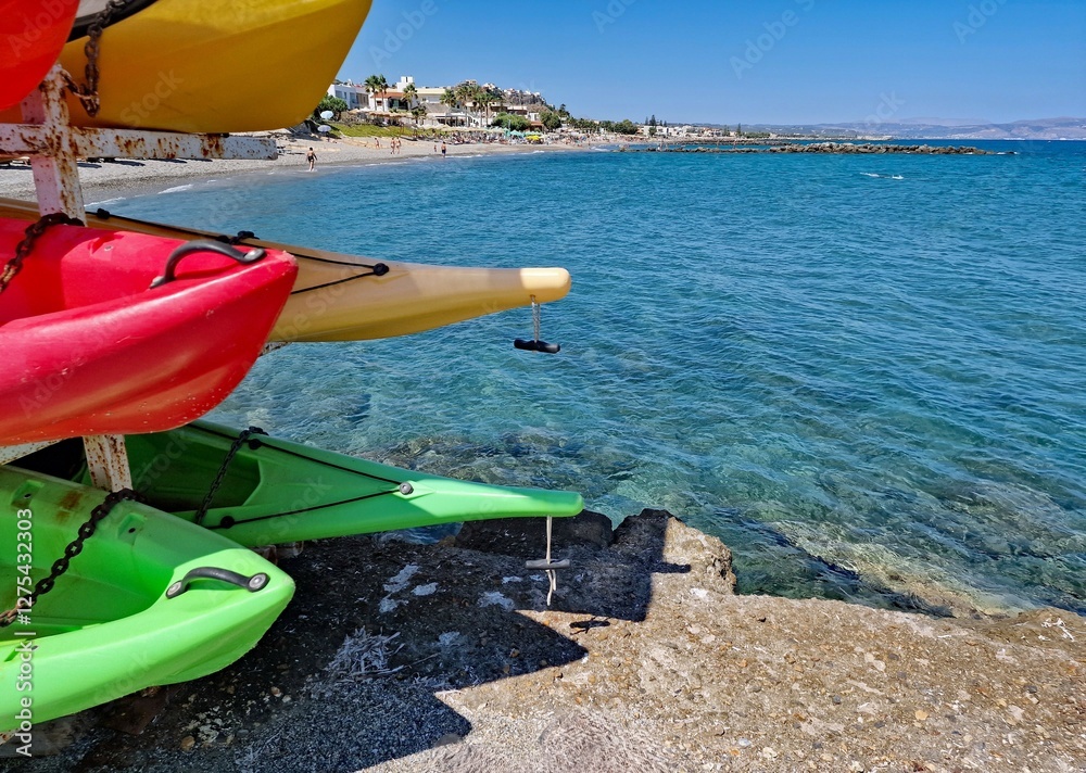 Boats and kayaks for rent in the resort of Agia Marina. Greek island of Crete, Europe. Boats and kayaks for rent in the resort of Agia Marina. Greek island of Crete, Europe.