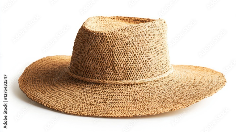 Straw hat on white background, showcasing texture and style Straw hat on white background, showcasing texture and style