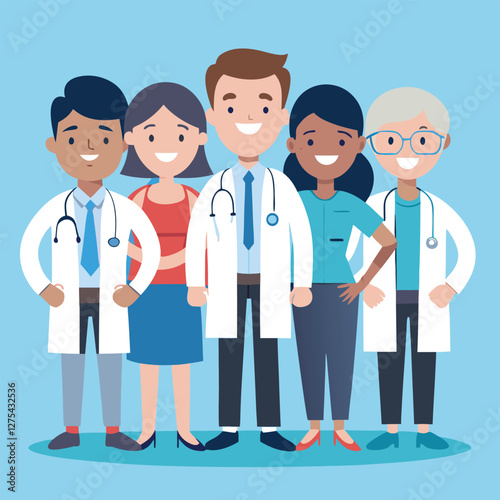 Multiethnic doctor team group with leader isolated vector illustration. Set of smiling doctors, nurses, paramedics. Different male and female medic workers in uniform with stethoscopes.