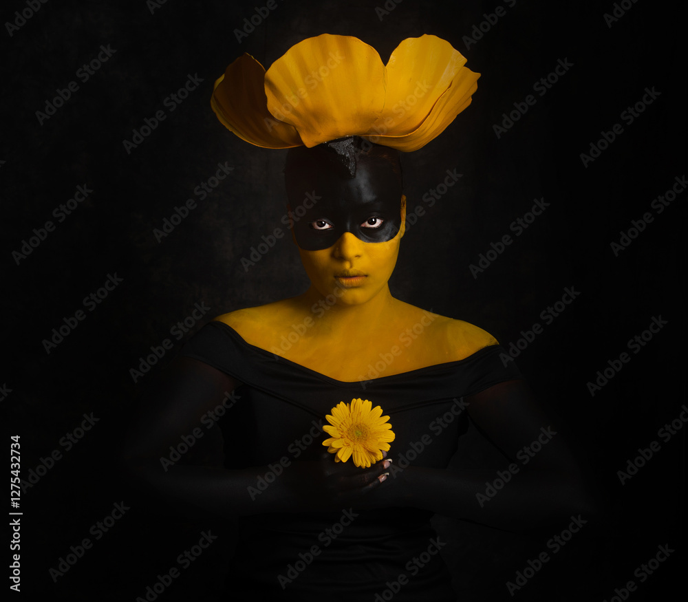 A woman dressed vibrantly in black and yellow holding a yellow flower