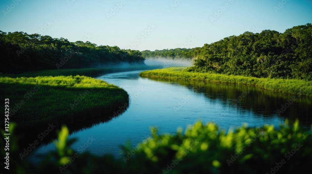 Serene river winding through lush greenery, mist rising softly a Serene river winding through lush greenery, mist rising softly a