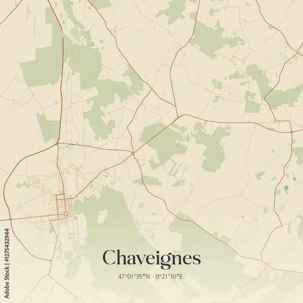Fototapeta premium Vintage map of Chaveignes, France.