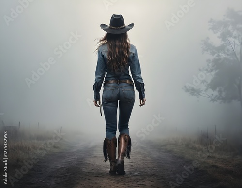Wallpaper Mural Cowgirl Walking Away on Foggy Road Torontodigital.ca