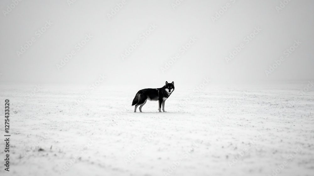 Lone dog in snowy field, foggy day, winter landscape, pet photography Lone dog in snowy field, foggy day, winter landscape, pet photography