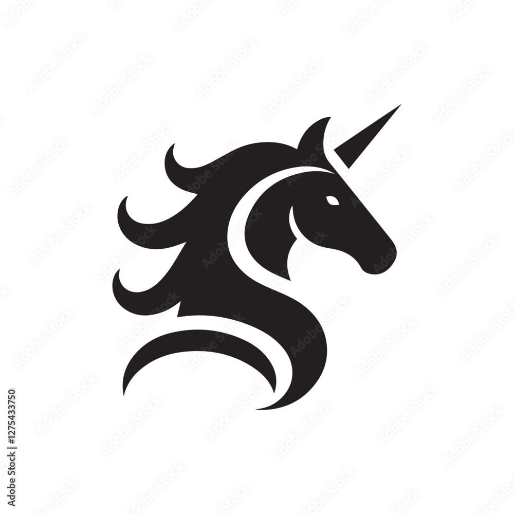 Fototapeta premium Unicorn face horn or alicorn black solid silhouette vector logo icon design on white background, fantasy animal clipart