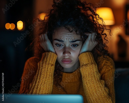 Frustrated woman laptop night home