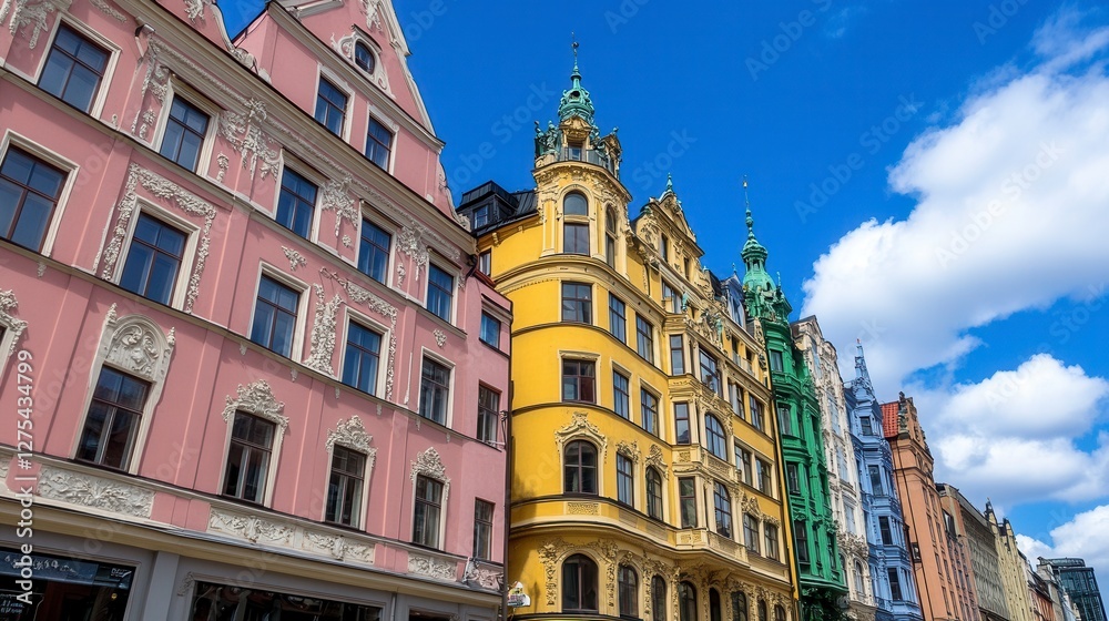 Obraz premium Colorful Historic Buildings in a European City Under a Bright Blue Sky