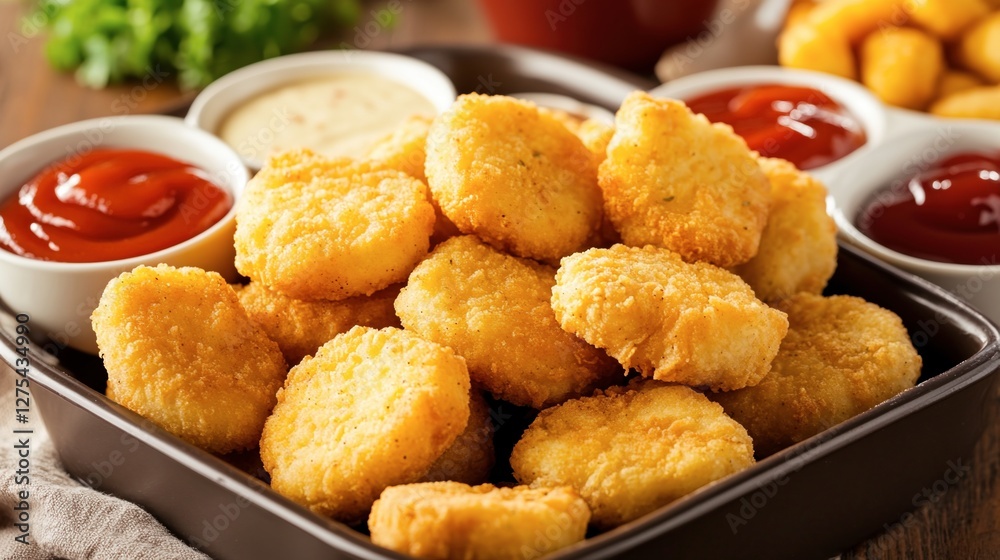 A tray of chicken nuggets with an assortment of dipping sauces in a playful setting A tray of chicken nuggets with an assortment of dipping sauces in a playful setting