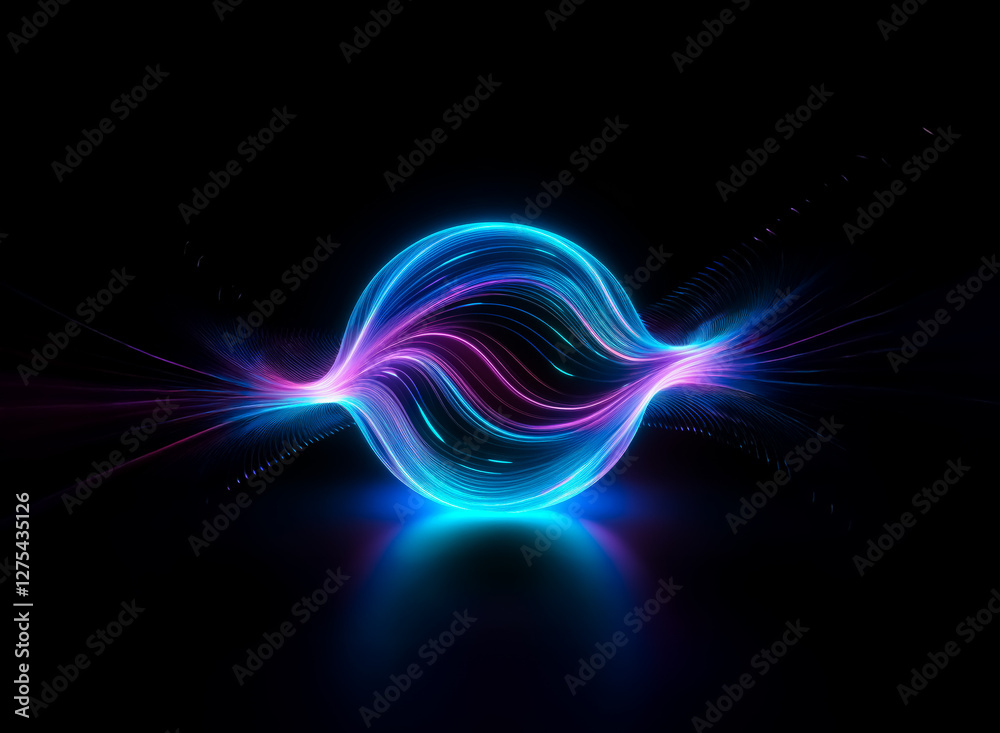 Obraz premium Abstract glowing orb of blue and purple light trails against a dark background. Futuristic and vibrant design with a circular shape and radiant illumination.