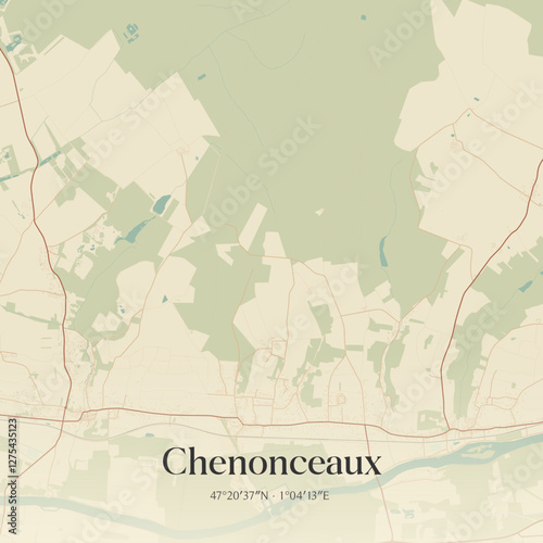 Fényképezés Vintage map of Chenonceaux, France.