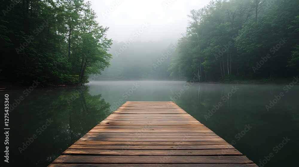 Wooden Dock Extends Into Misty Lake Forest Wooden Dock Extends Into Misty Lake Forest
