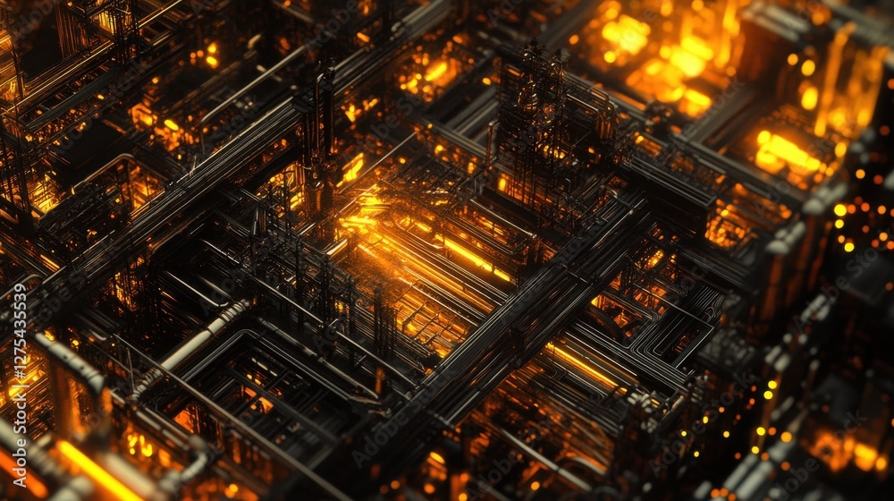 Intricate Metallic Structure with Glowing Orange Lights in a 3D View Intricate Metallic Structure with Glowing Orange Lights in a 3D View