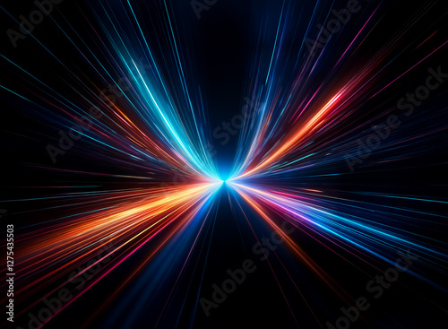 Vibrant light streaks in blue, orange, and purple burst forth from a central point against a stark black backdrop, creating a dynamic and abstract visual effect.